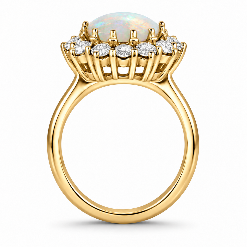 Natural 9x7mm oval milky opal cabochon and twelve white diamond halo ring in 14k yellow gold, side view with smooth rounded upper inner band and circular opening