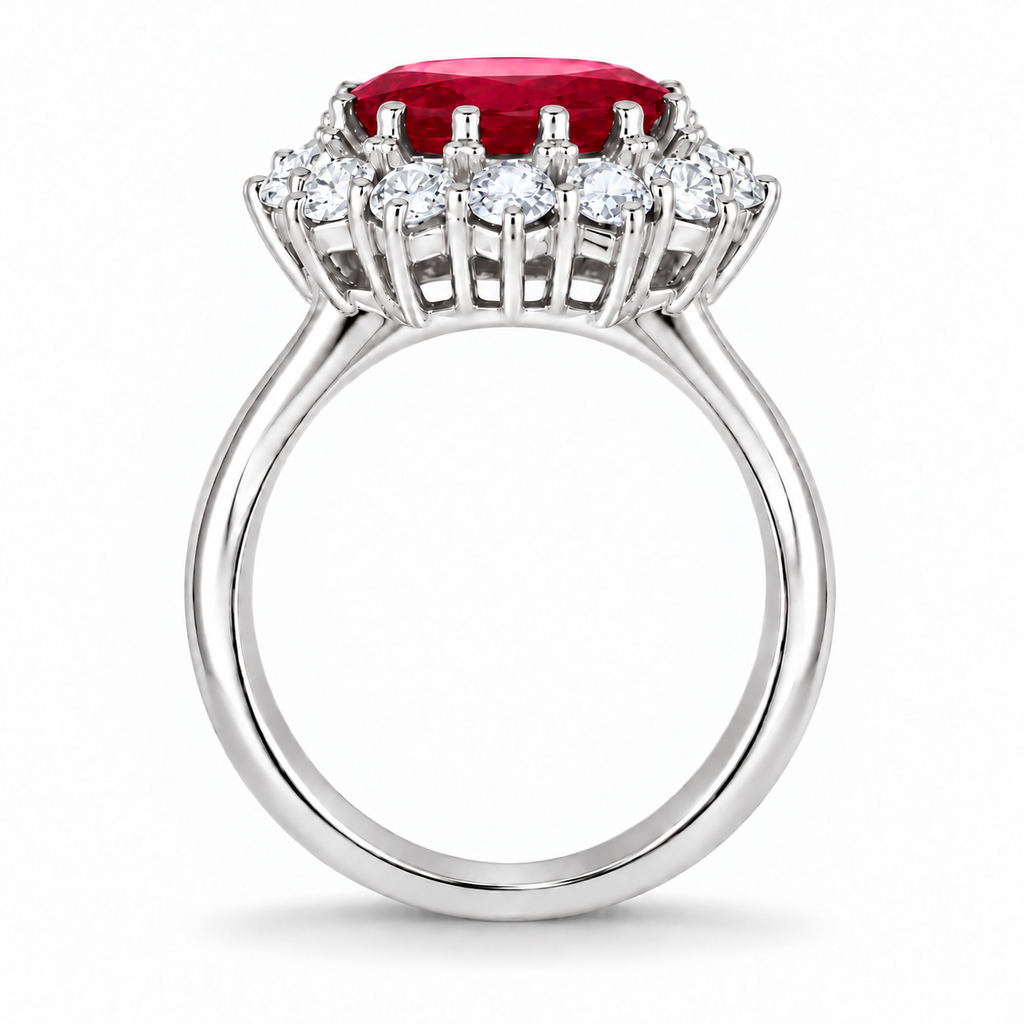 Natural 9x7mm oval ruby and twelve white diamond halo ring in 14k white gold, side view with smooth rounded upper inner band and circular opening