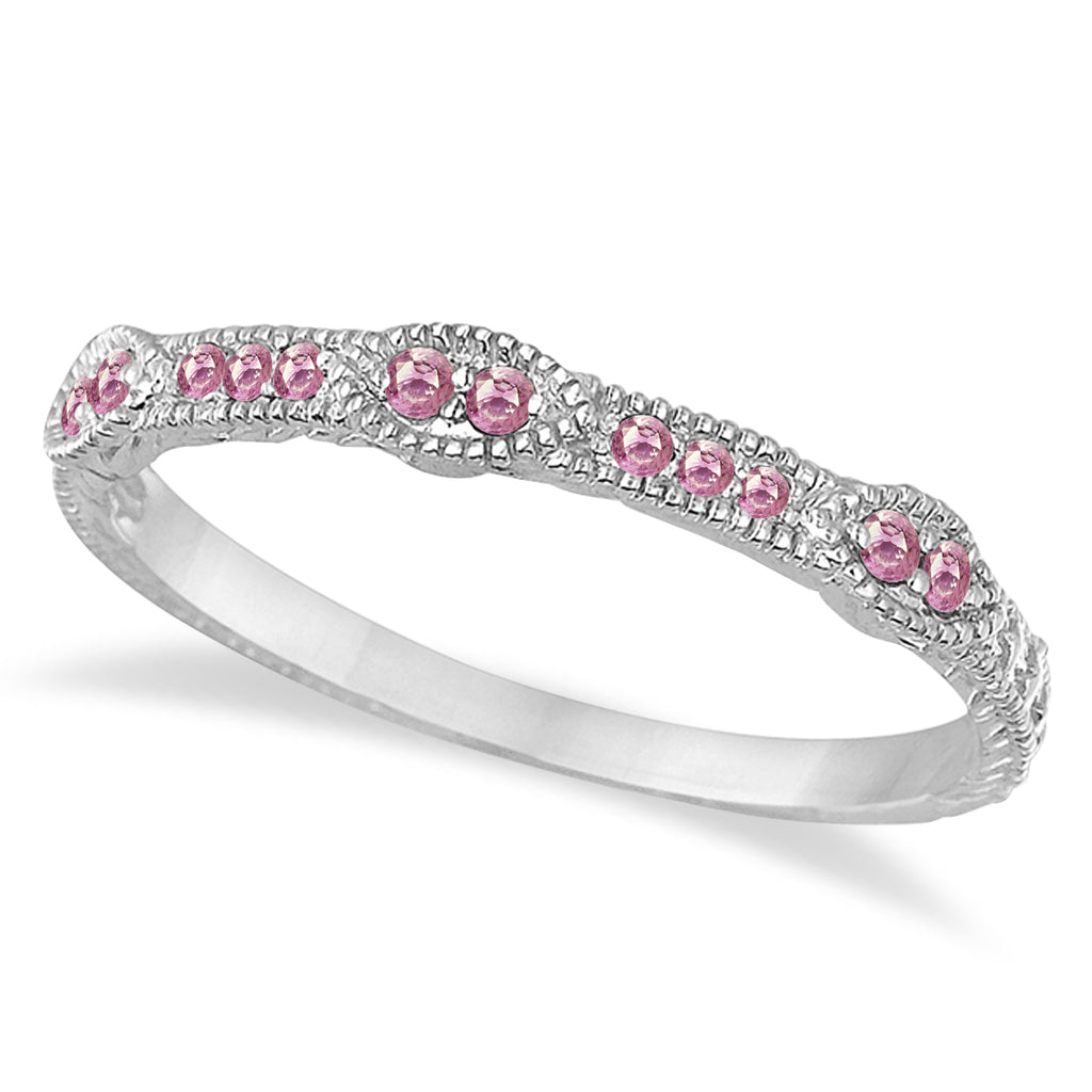Pave Set Vintage Stacking Pink Diamond Ring Band 14k White Gold (0.15ct)