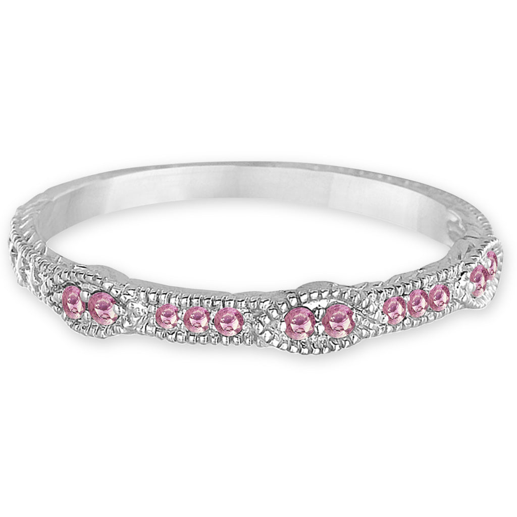 Pave Set Vintage Stacking Pink Diamond Ring Band 14k White Gold (0.15ct)