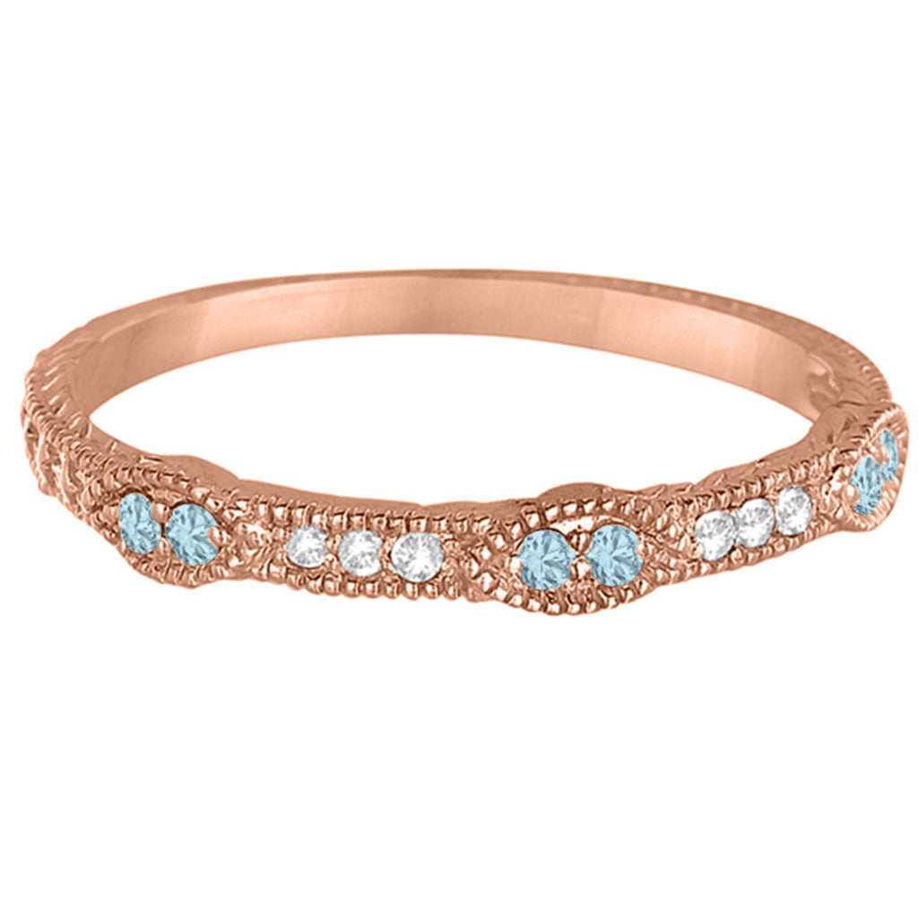 Vintage Stacking Diamond & Aquamarine Ring Band 14k Rose Gold (0.15ct)