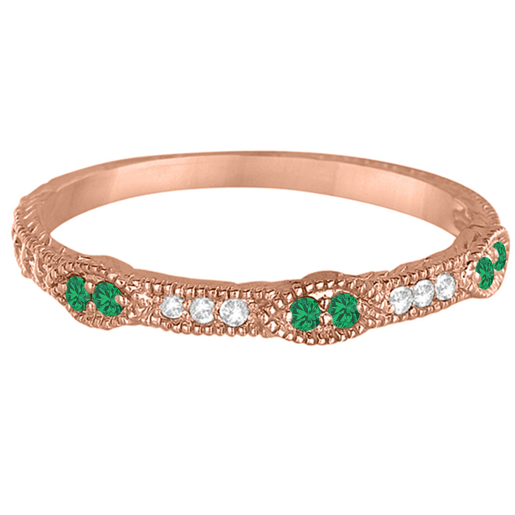 Vintage Stacking Diamond & Emerald Ring Band 14k Rose Gold (0.15ct)