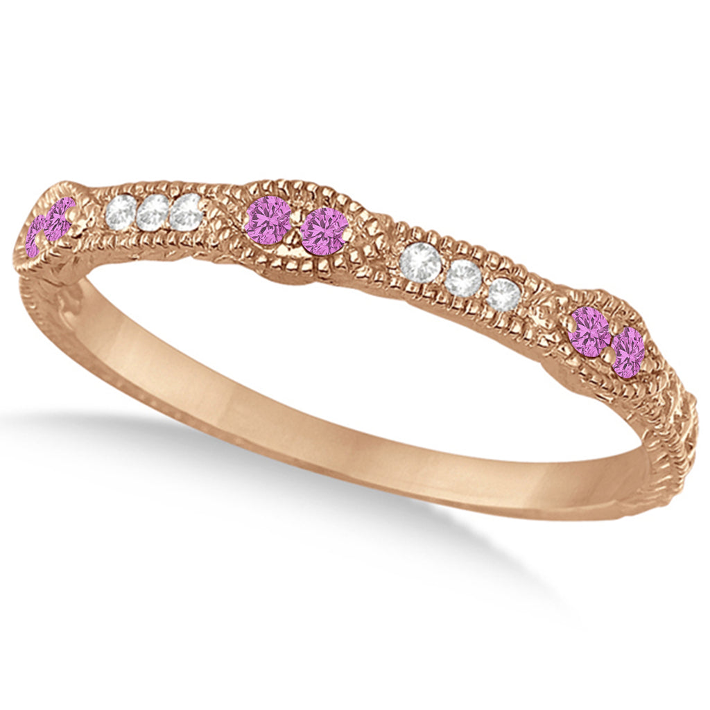 Vintage Stacking Diamond & Pink Sapphire Ring Band 14k Rose Gold (0.15ct)