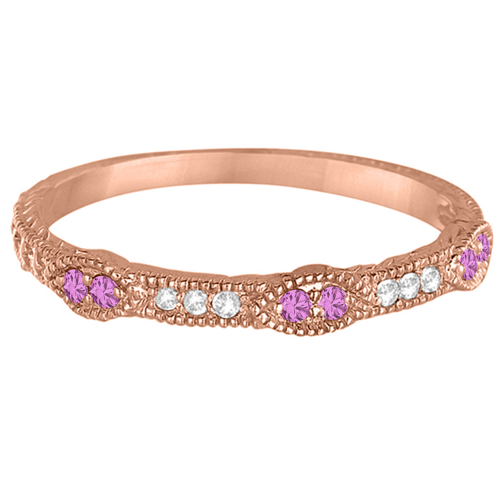 Vintage Stacking Diamond & Pink Sapphire Ring Band 14k Rose Gold (0.15ct)