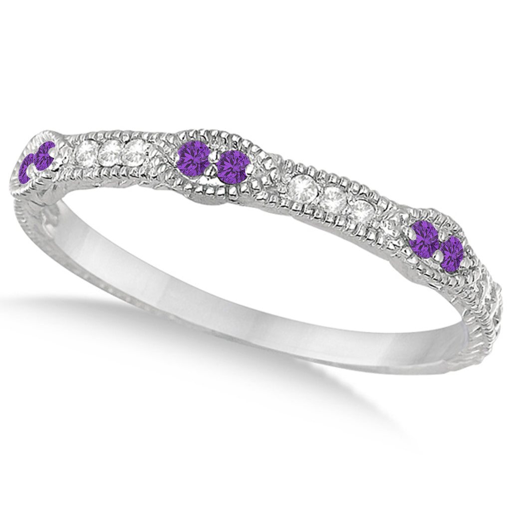 Vintage Stacking Diamond & Amethyst Ring Band 14k White Gold (0.15ct)