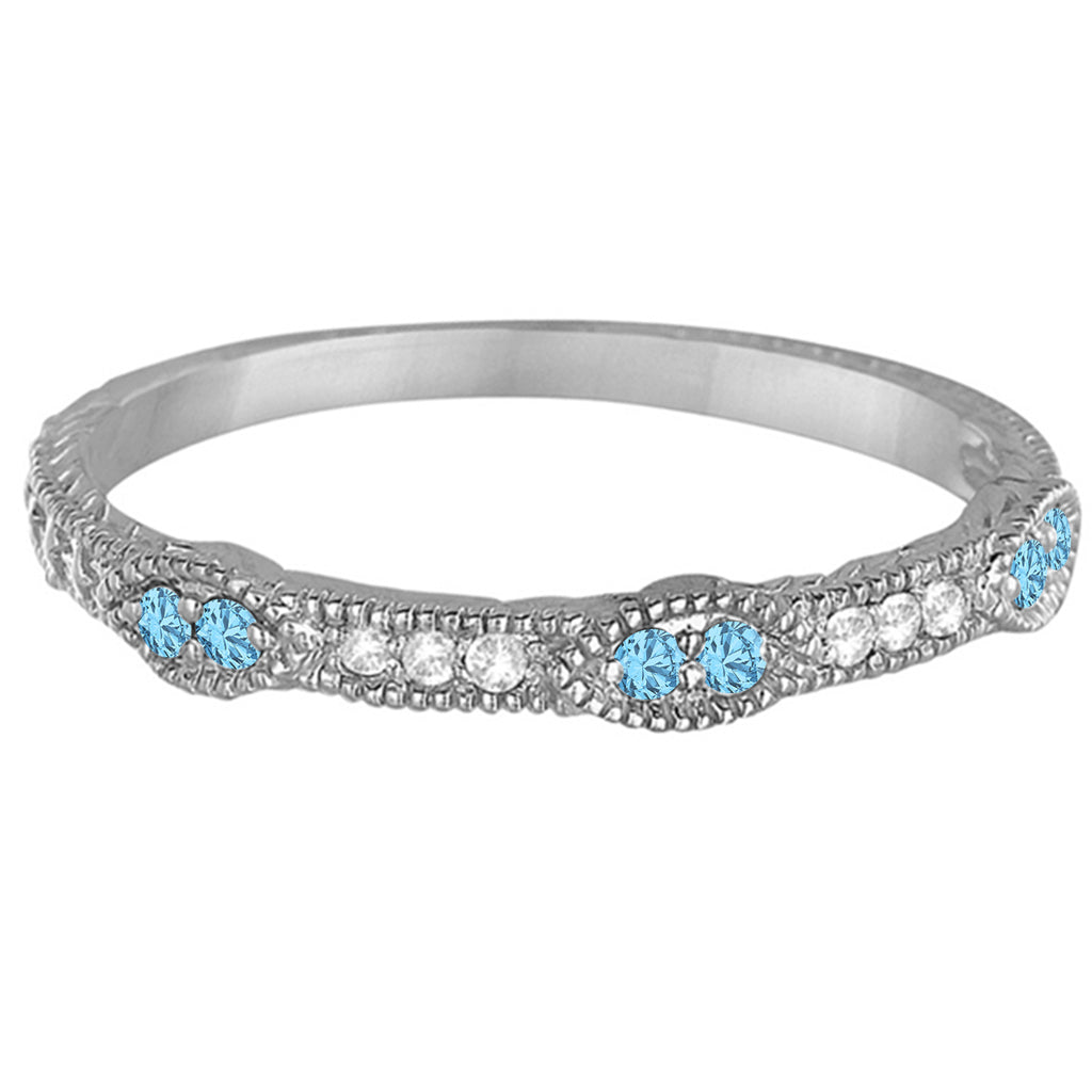 Vintage Stacking Diamond & Blue Topaz Ring Band 14k White Gold (0.15ct)