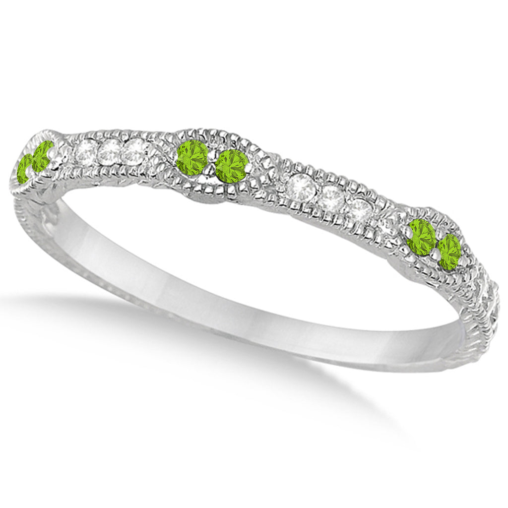 Vintage Stacking Diamond & Peridot Ring Band 14k White Gold (0.15ct)