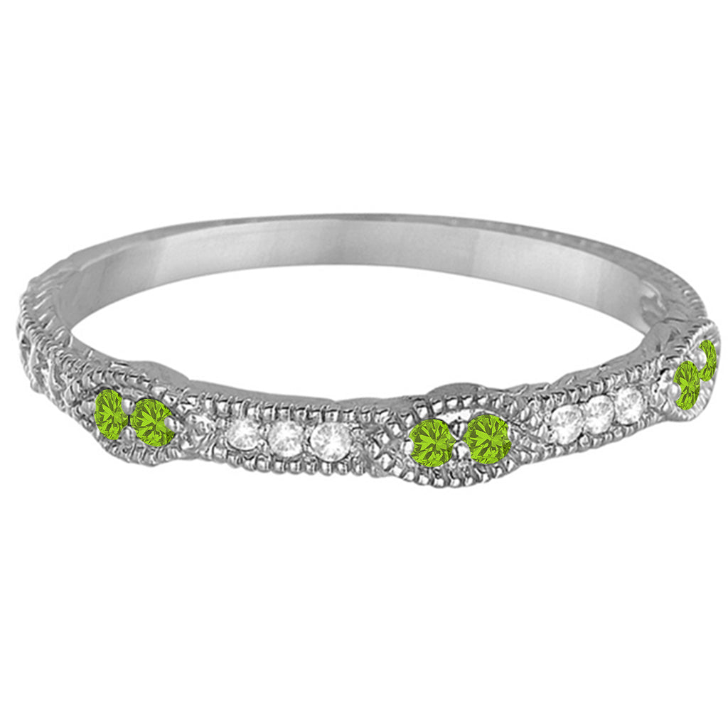 Vintage Stacking Diamond & Peridot Ring Band 14k White Gold (0.15ct)