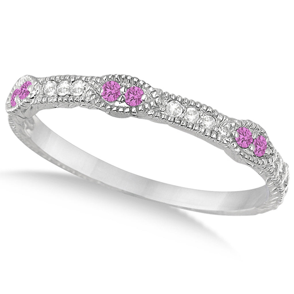 Vintage Stacking Diamond & Pink Sapphire Ring Band 14k White Gold (0.15ct)
