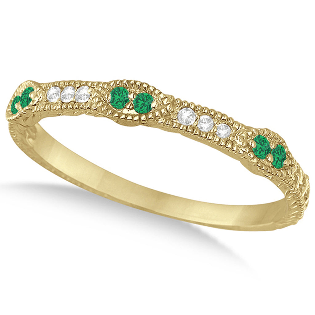 Vintage Stacking Diamond & Emerald Ring Band 14k Yellow Gold (0.15ct)