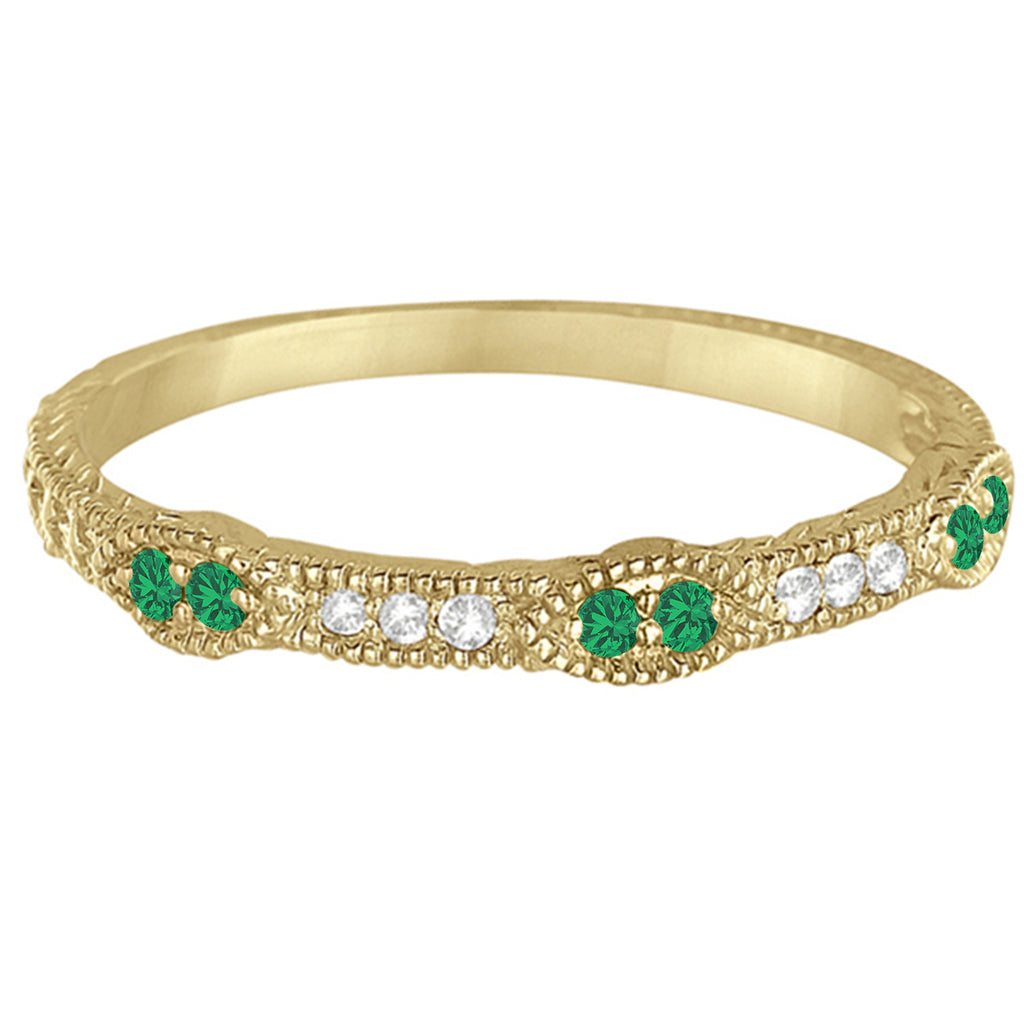 Vintage Stacking Diamond & Emerald Ring Band 14k Yellow Gold (0.15ct)