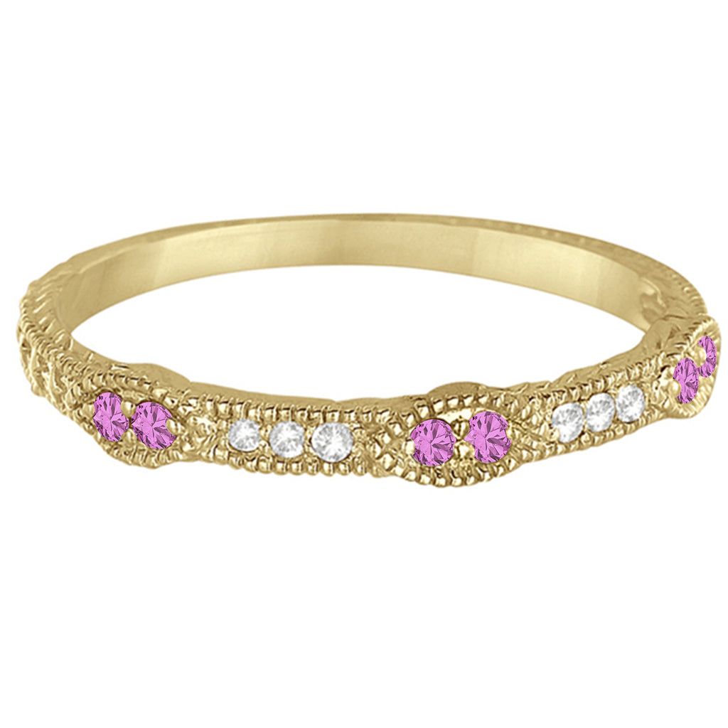 Vintage Stacking Diamond & Pink Sapphire Ring Band 14k Yellow Gold (0.15ct)