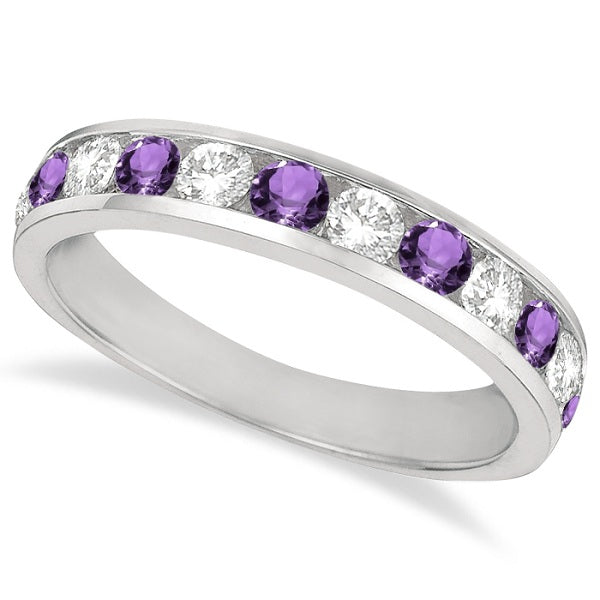 Channel-Set Amethyst & Diamond Ring Band 14k White Gold (1.20ct)