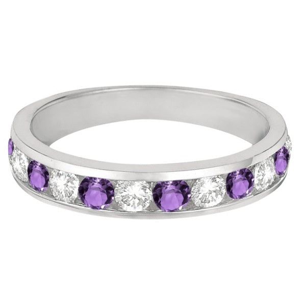 Channel-Set Amethyst & Diamond Ring Band 14k White Gold (1.20ct)