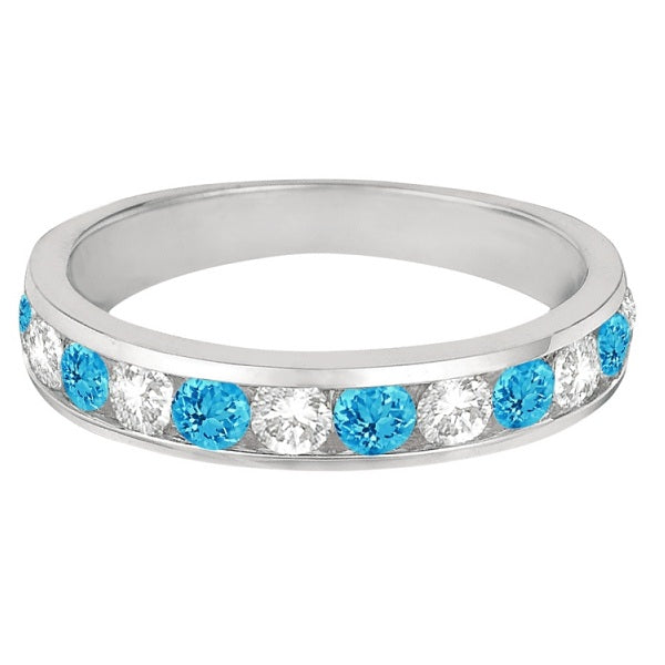 Channel-Set Blue Topaz & Diamond Ring Band 14k White Gold (1.20ct)