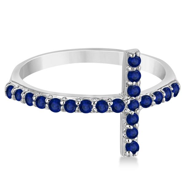 Modern Sideways Blue Sapphire Cross Fashion Ring in 14k White Gold (0.42ct)