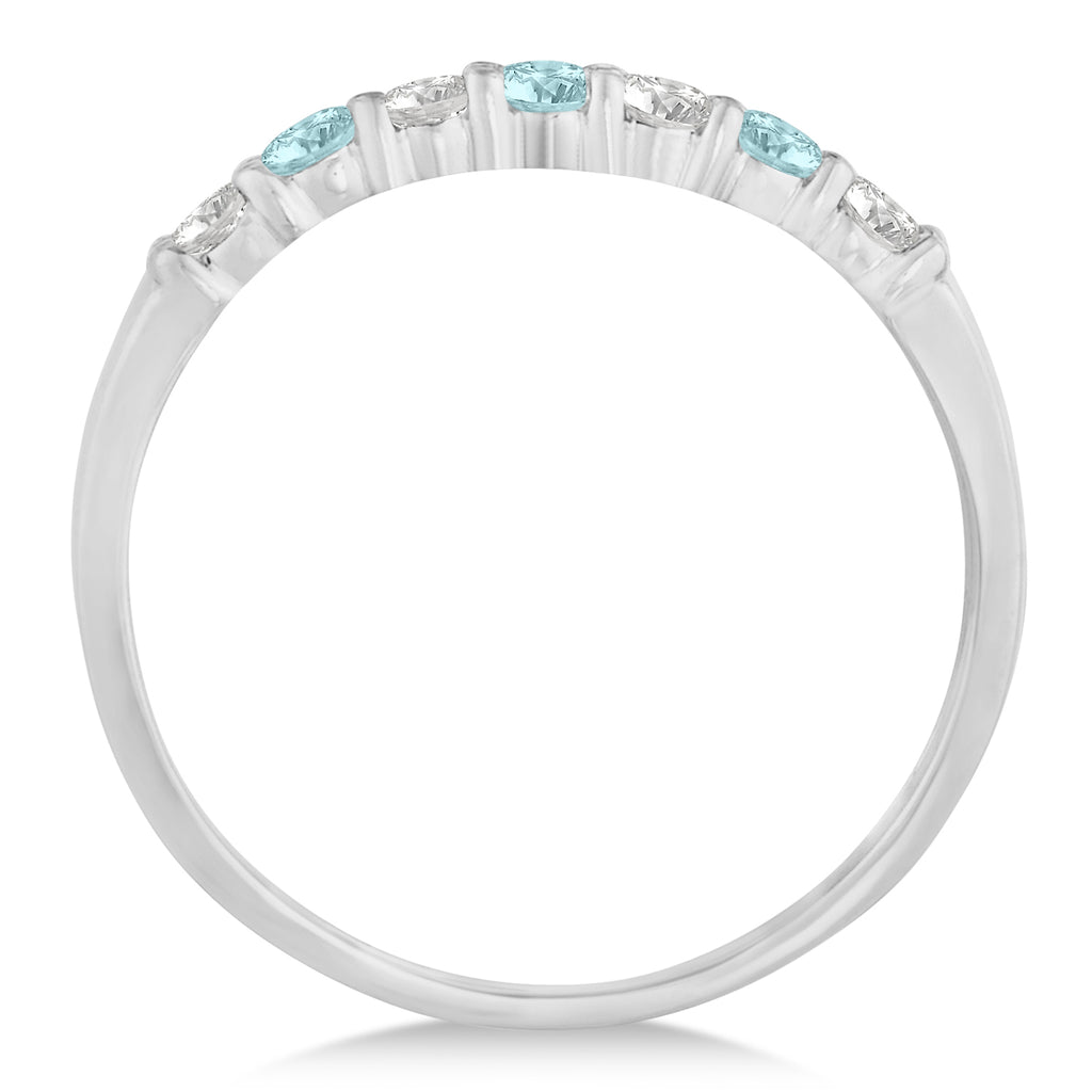 Diamond & Aquamarine 7 Stone Wedding Band 14k White Gold (0.34ct)