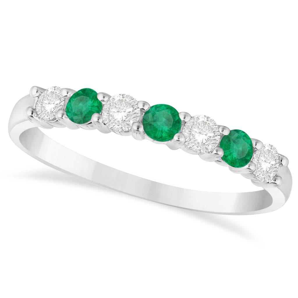 Diamond & Emerald 7 Stone Wedding Band 14k White Gold (0.50ct)