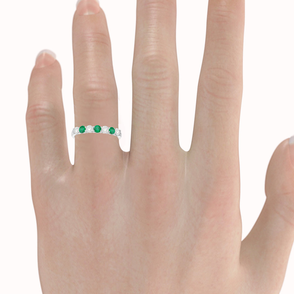 Diamond & Emerald 7 Stone Wedding Band 14k White Gold (0.75ct)