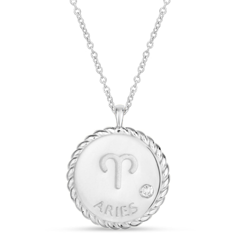 Aries Zodiac Diamond Medallion Disk Pendant Necklace 14k White Gold