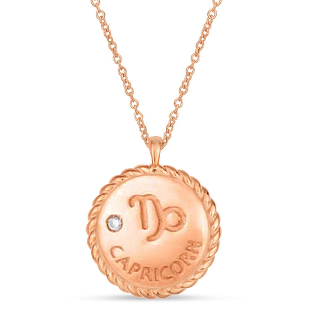 Capricorn Zodiac Diamond Medallion Disk Pendant Necklace 14k Rose Gold