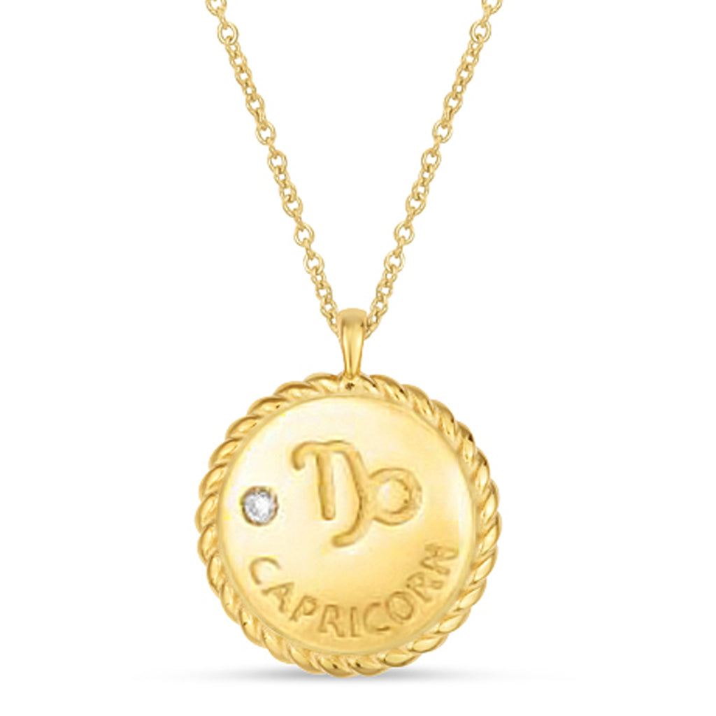 Capricorn Zodiac Diamond Medallion Disk Pendant Necklace 14k Yellow Gold