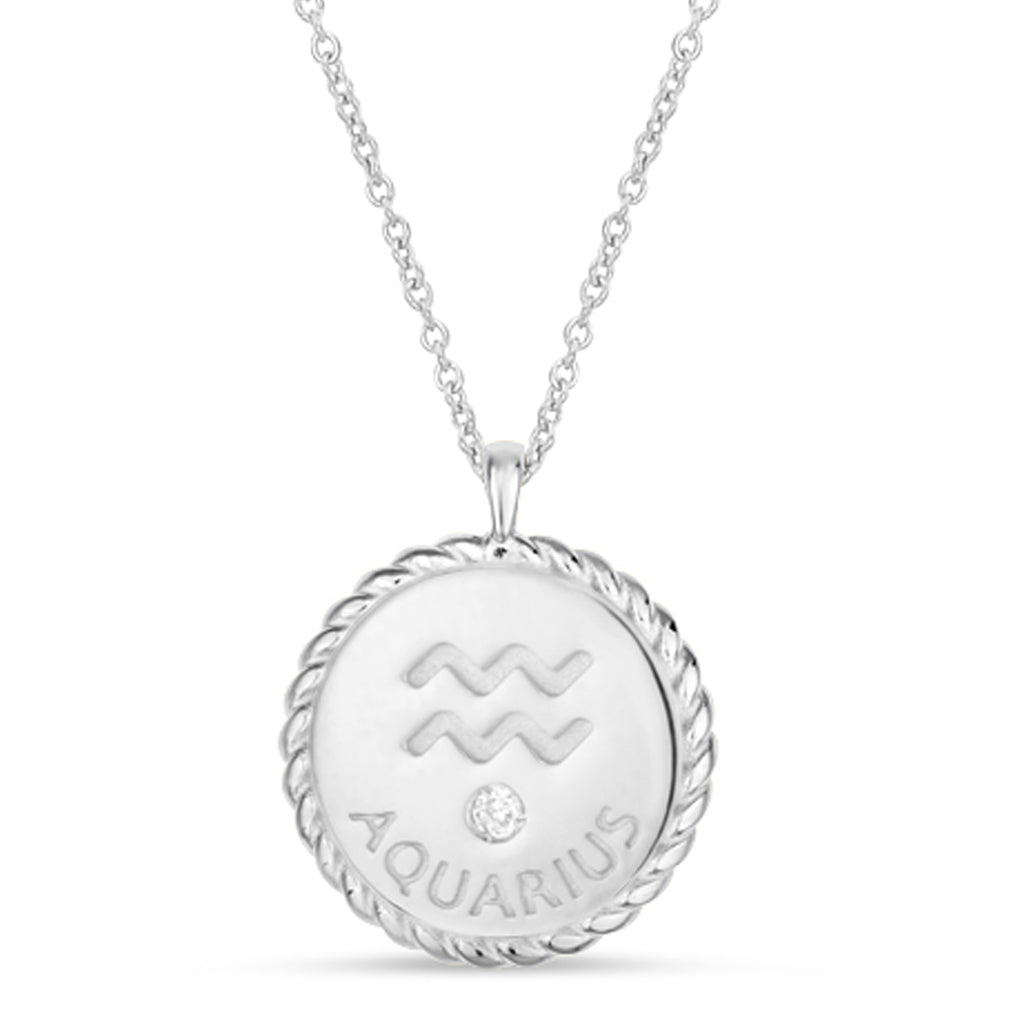 Aquarius Zodiac Diamond Medallion Disk Pendant Necklace 14k White Gold