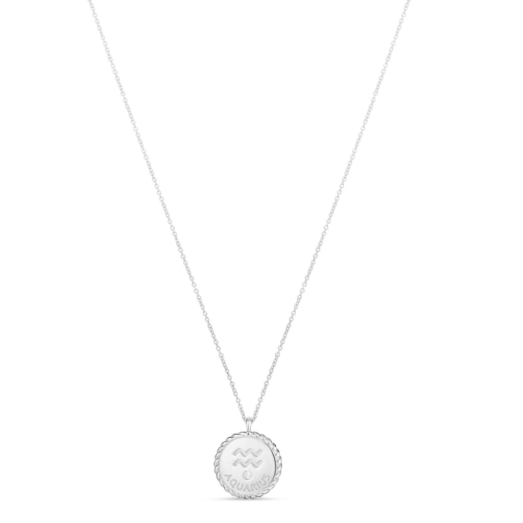 Aquarius Zodiac Diamond Medallion Disk Pendant Necklace 14k White Gold