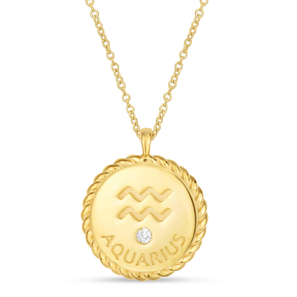 Aquarius Zodiac Diamond Medallion Disk Pendant Necklace 14k Yellow Gold