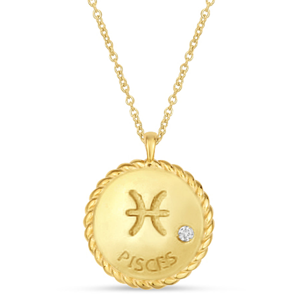 Pisces Zodiac Diamond Medallion Disk Pendant Necklace 14k Yellow Gold