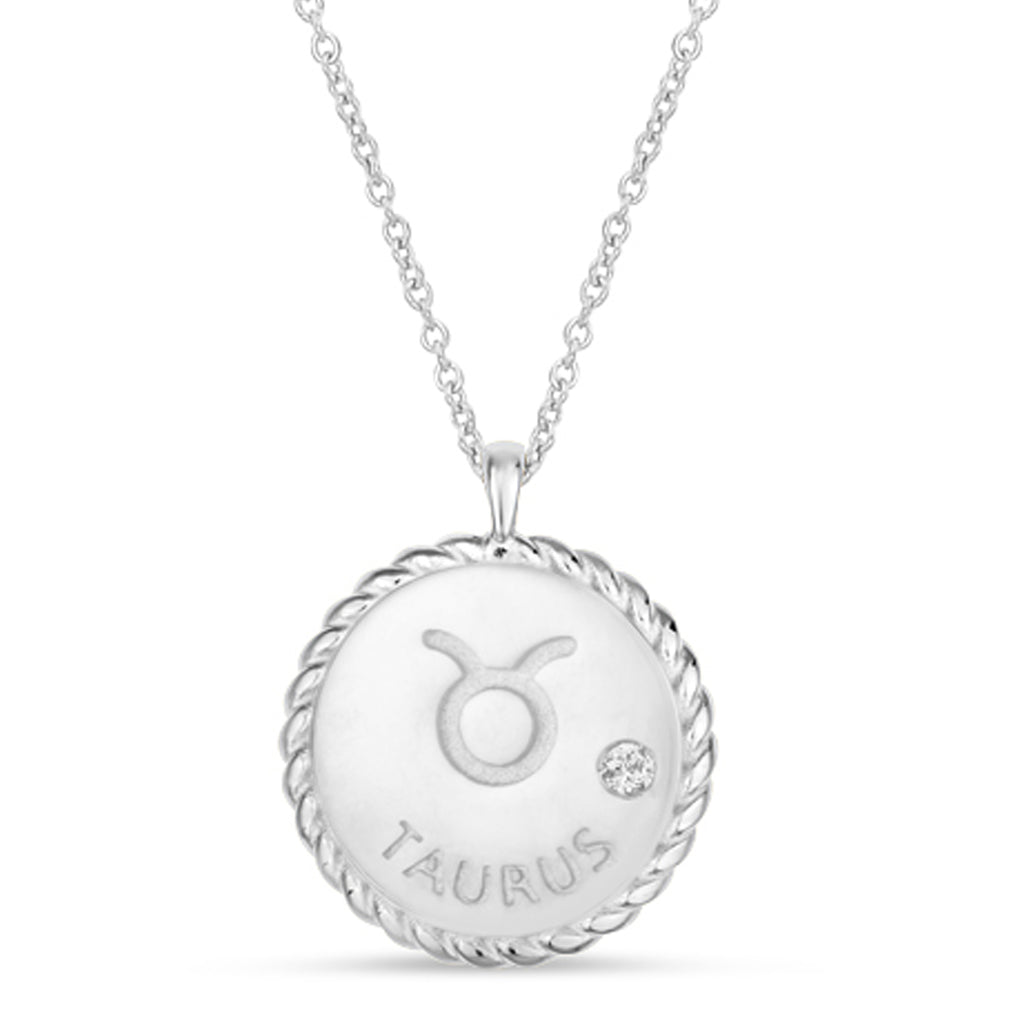 Taurus Zodiac Diamond Medallion Disk Pendant Necklace 14k White Gold