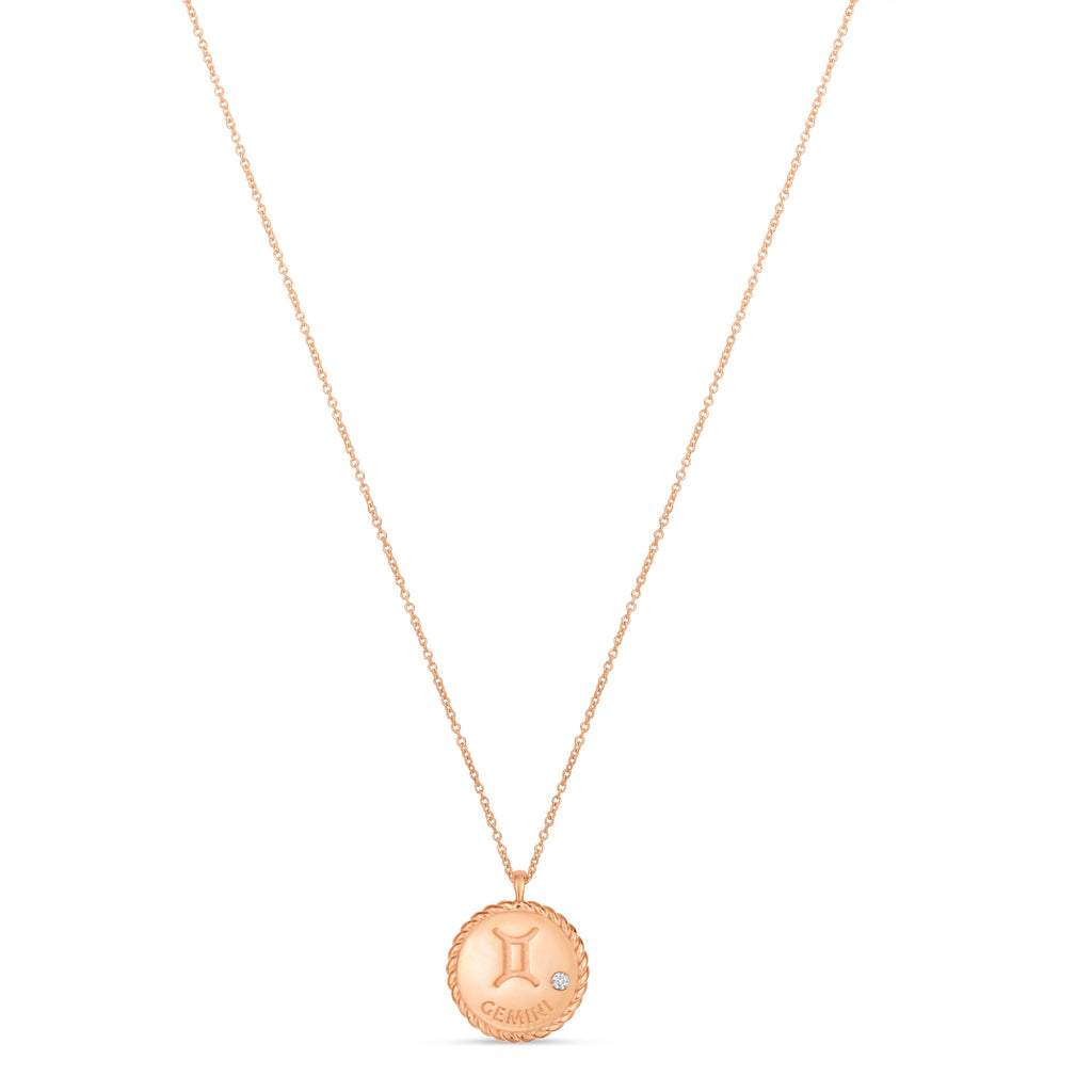 Gemini Zodiac Diamond Medallion Disk Pendant Necklace 14k Rose Gold