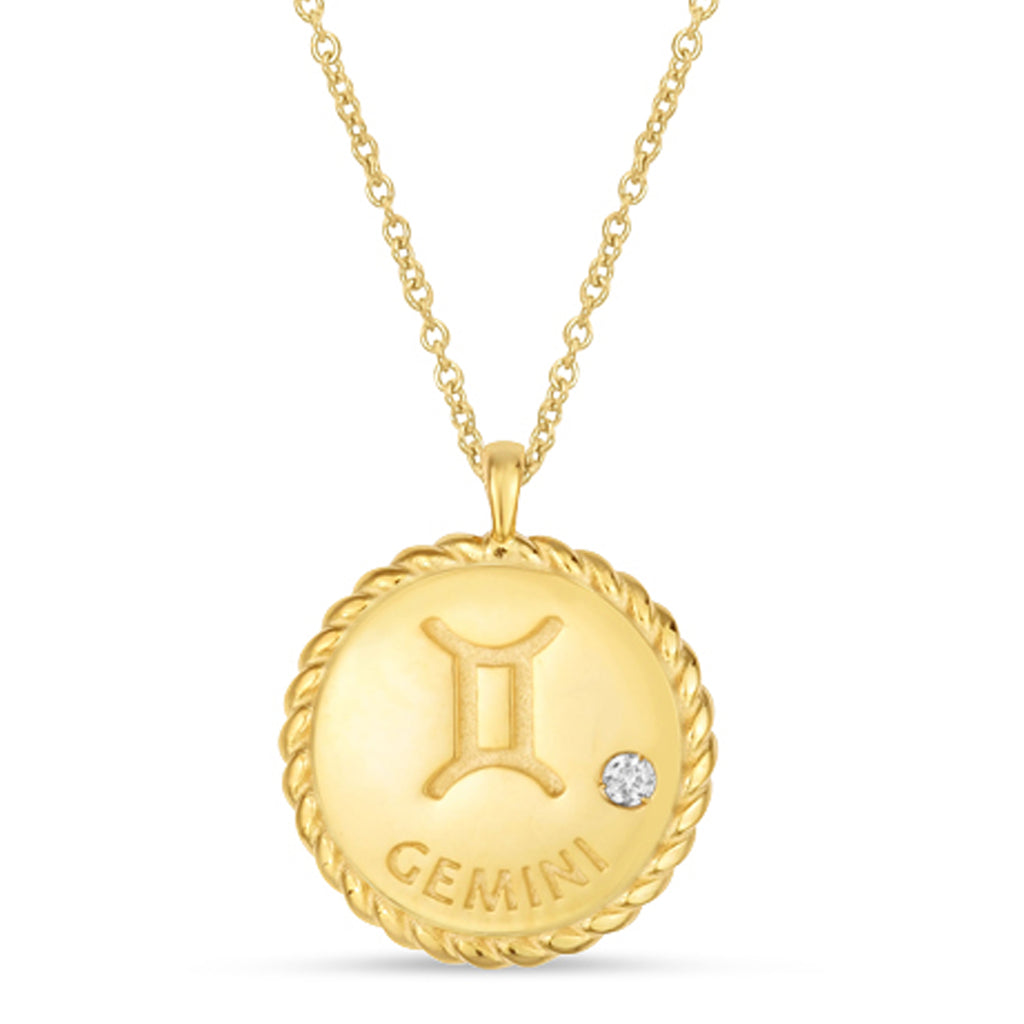 Gemini Zodiac Diamond Medallion Disk Pendant Necklace 14k Yellow Gold