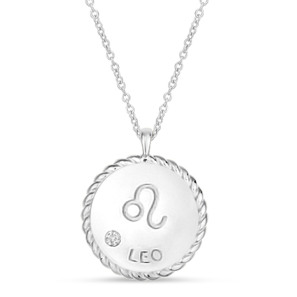 Leo Zodiac Diamond Medallion Disk Pendant Necklace 14k White Gold