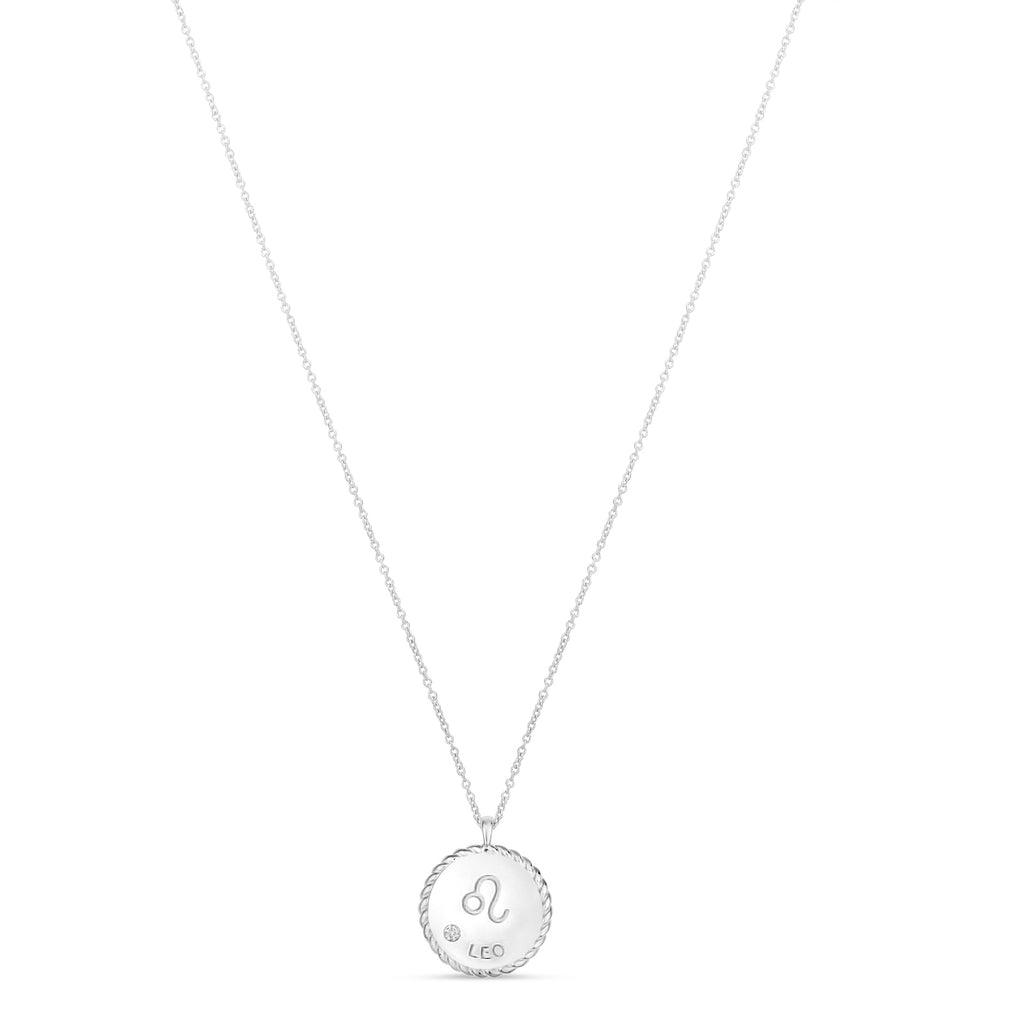 Leo Zodiac Diamond Medallion Disk Pendant Necklace 14k White Gold