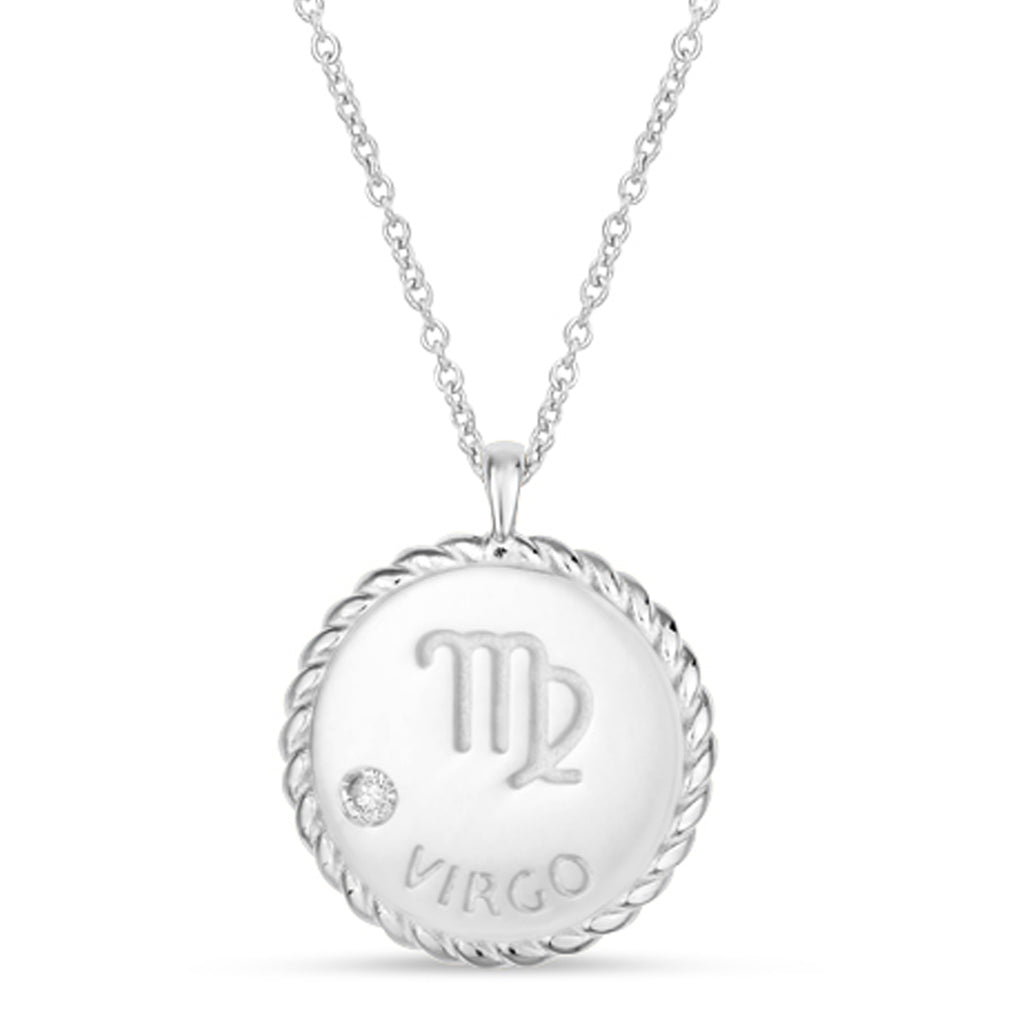 Virgo Zodiac Diamond Medallion Disk Pendant Necklace 14k White Gold