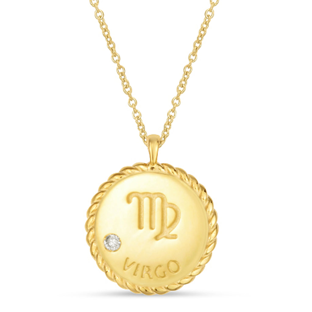 Virgo Zodiac Diamond Medallion Disk Pendant Necklace 14k Yellow Gold
