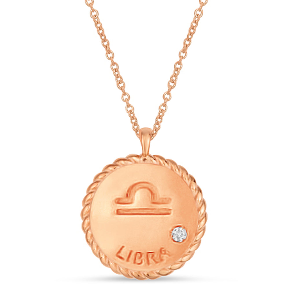 Libra Zodiac Diamond Medallion Disk Pendant Necklace 14k Rose Gold