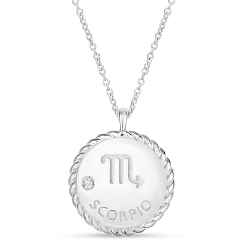 Scorpio Zodiac Diamond Medallion Disk Pendant Necklace 14k White Gold