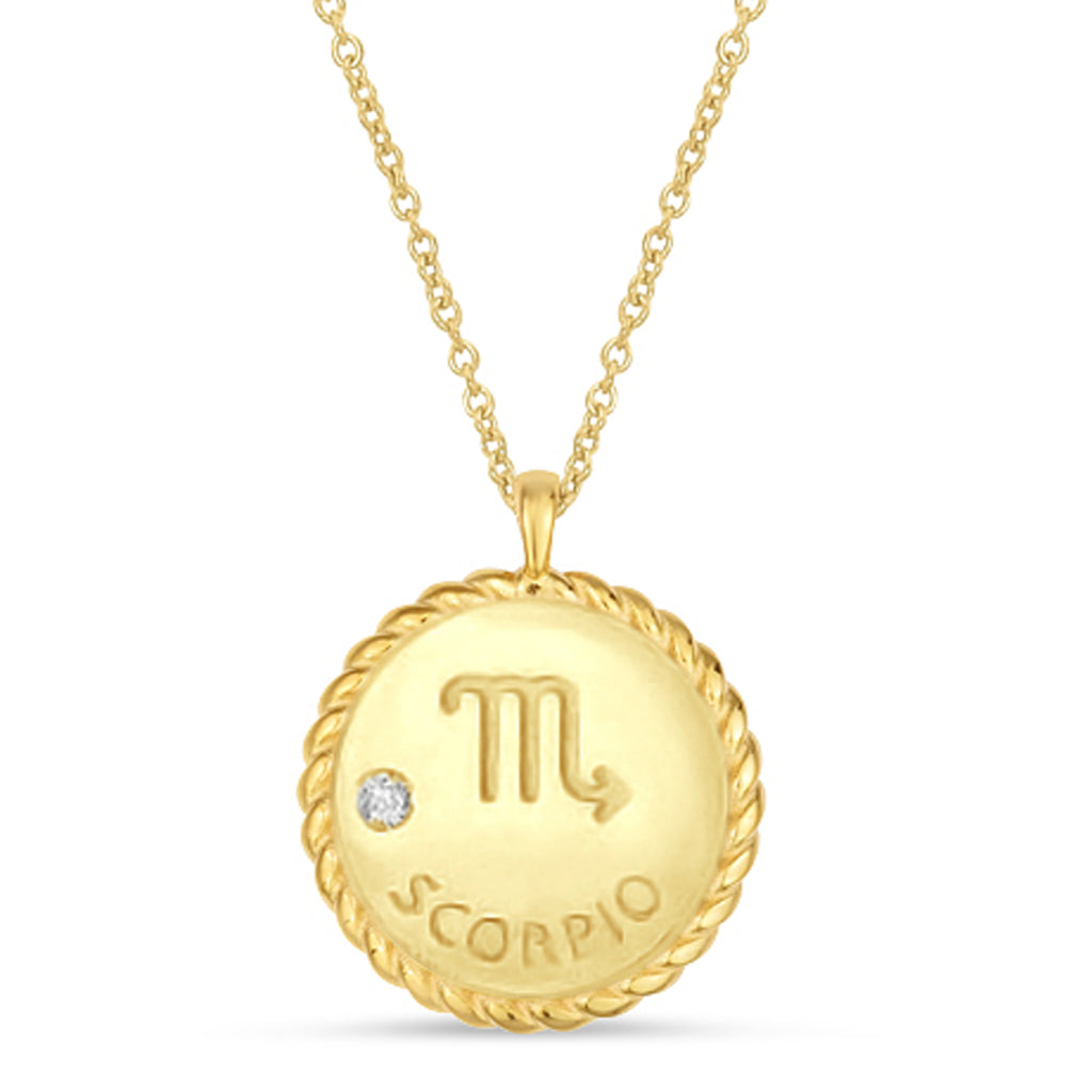 Scorpio Zodiac Diamond Medallion Disk Pendant Necklace 14k Yellow Gold