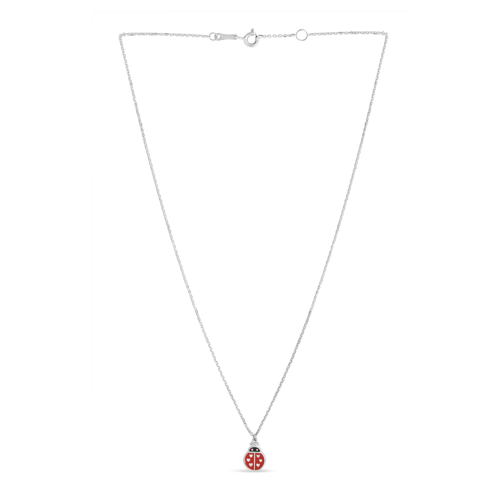 Ladybug Enamel Pendant Necklace 14k White Gold