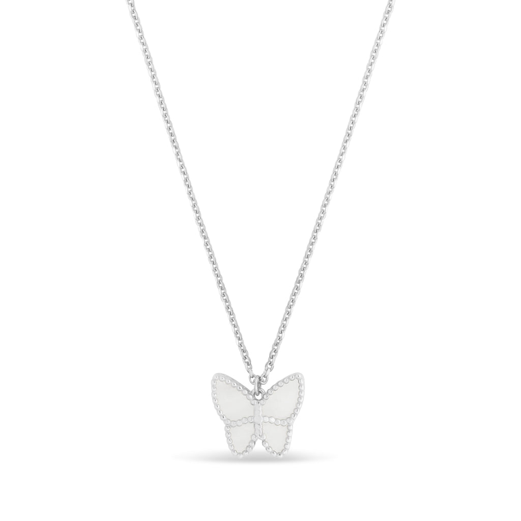 Mother of Pearl Butterfly Pendant Necklace 14k White Gold