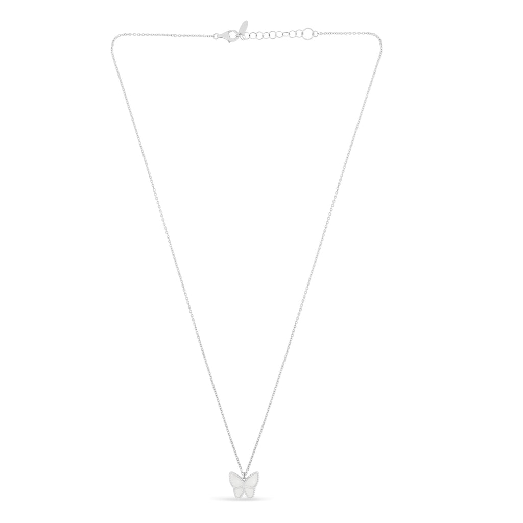 Mother of Pearl Butterfly Pendant Necklace 14k White Gold