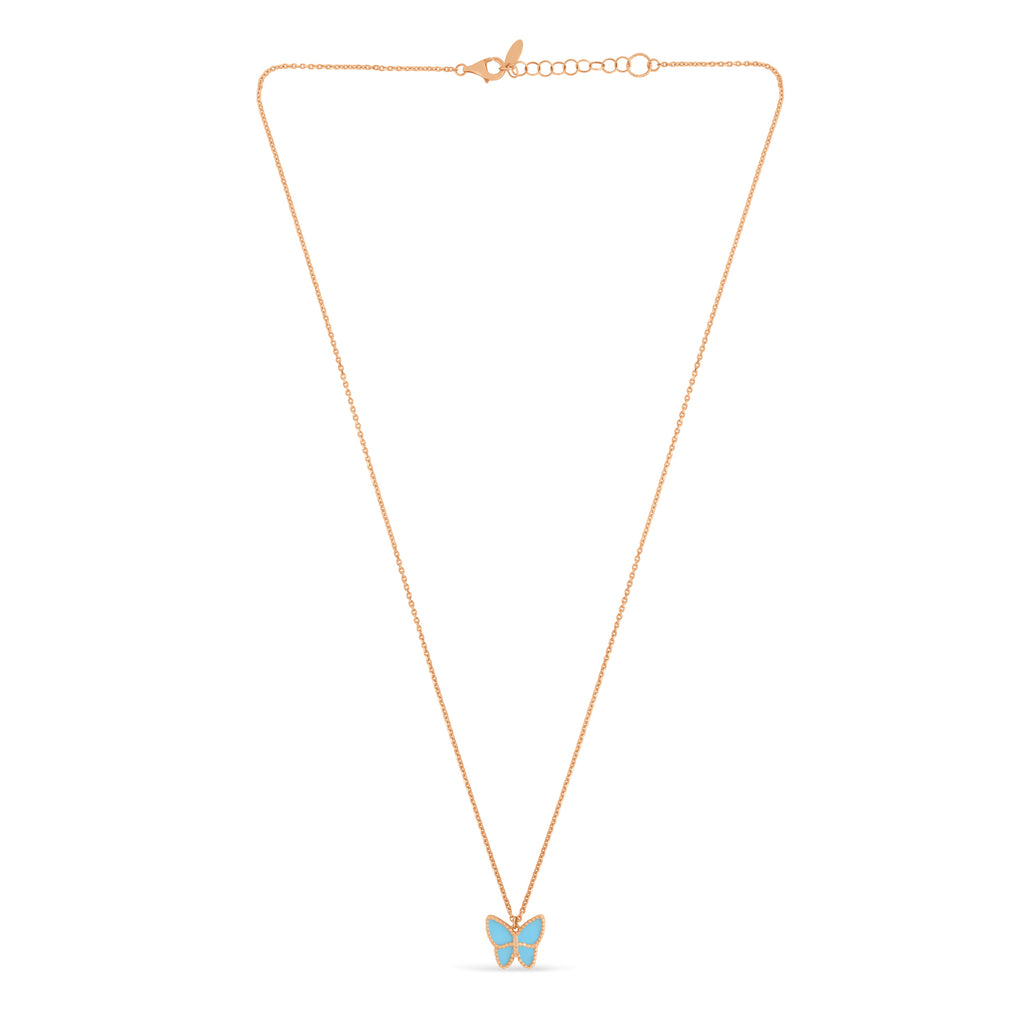 Turquoise Butterfly Pendant Necklace 14k Rose Gold