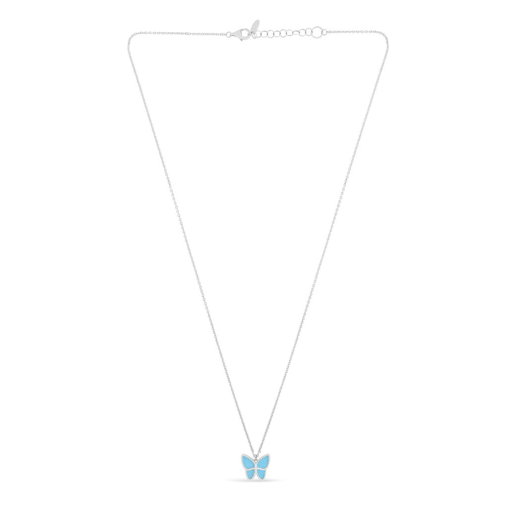 Turquoise Butterfly Pendant Necklace 14k White Gold