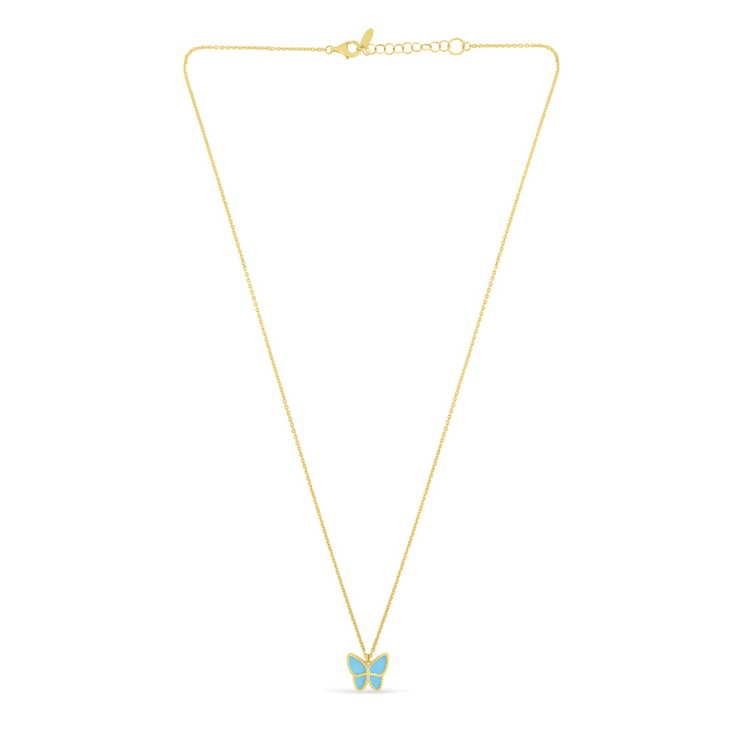 Turquoise Butterfly Pendant Necklace 14k Yellow Gold