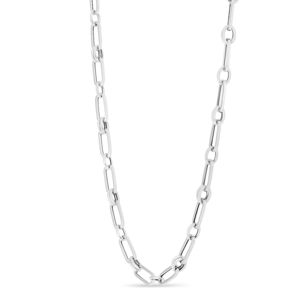 Paperclip Rondel Link Chain Necklace 14k White Gold