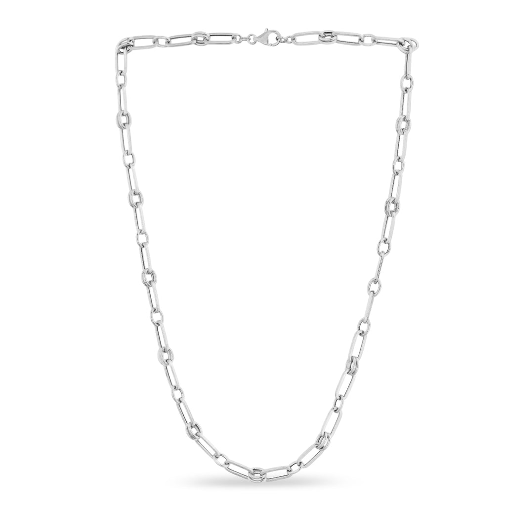 Paperclip Rondel Link Chain Necklace 14k White Gold