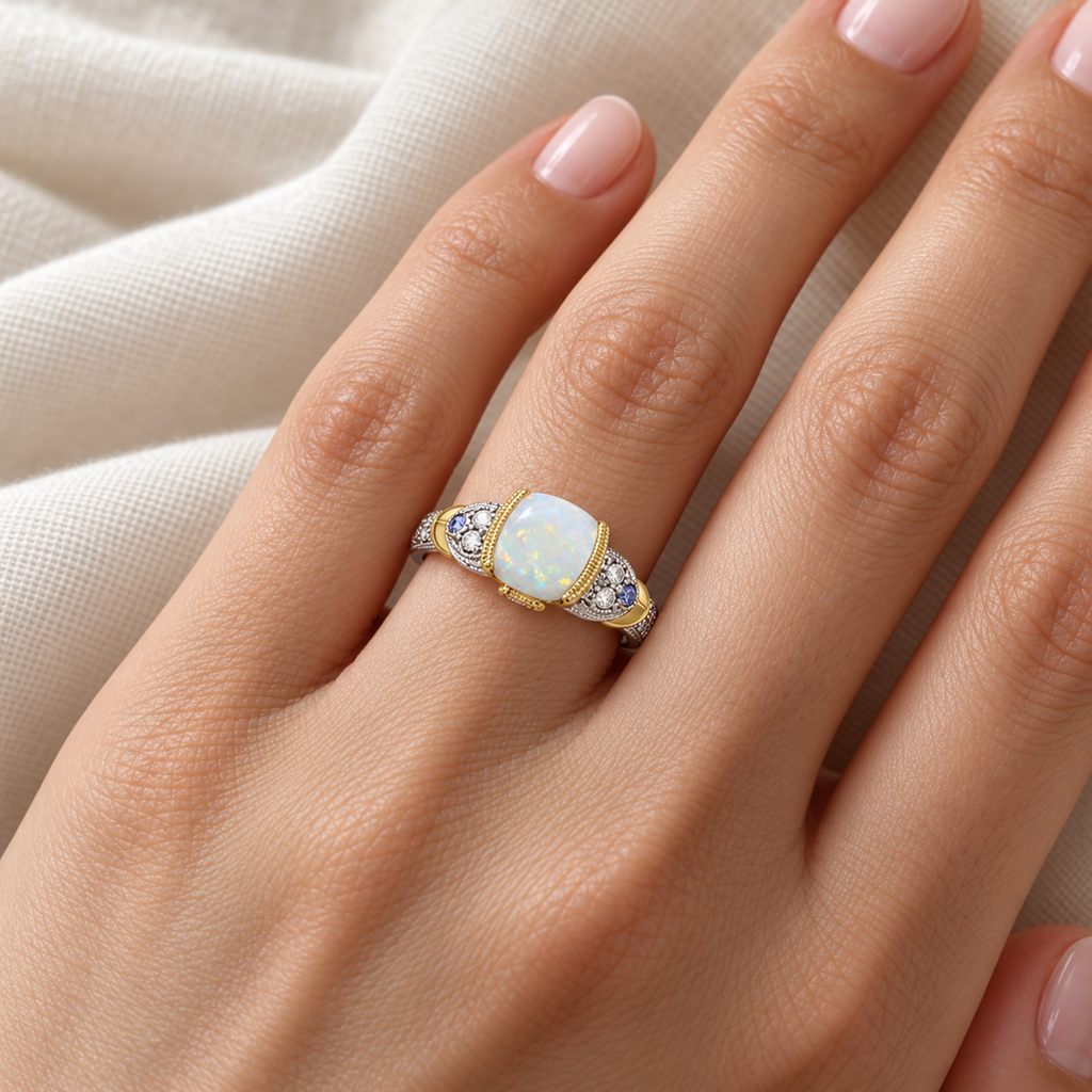 Tanzanite, diamond and cushion opal ring in 14k two-tone gold on left hand over ivory linen