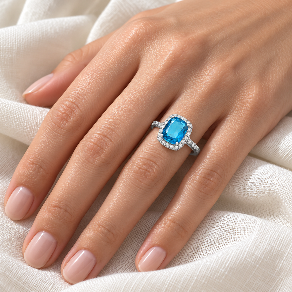 RE964 natural 10 x 8 mm cushion Swiss blue topaz and 28-diamond halo ring in 14K white gold, left-hand closeup on ivory linen